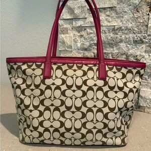 Auth COACH Gallery Zip Tote Khaki/Red Signature Canvas EUC w/COA 2013